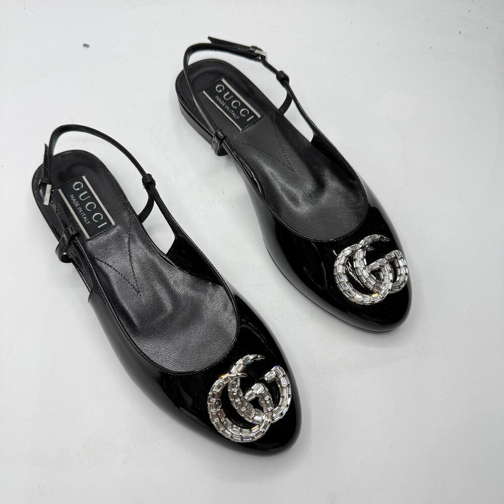 Gucci Double G Vernice Crystal Patent Slingback Ballerina Flat Black EU 36.5